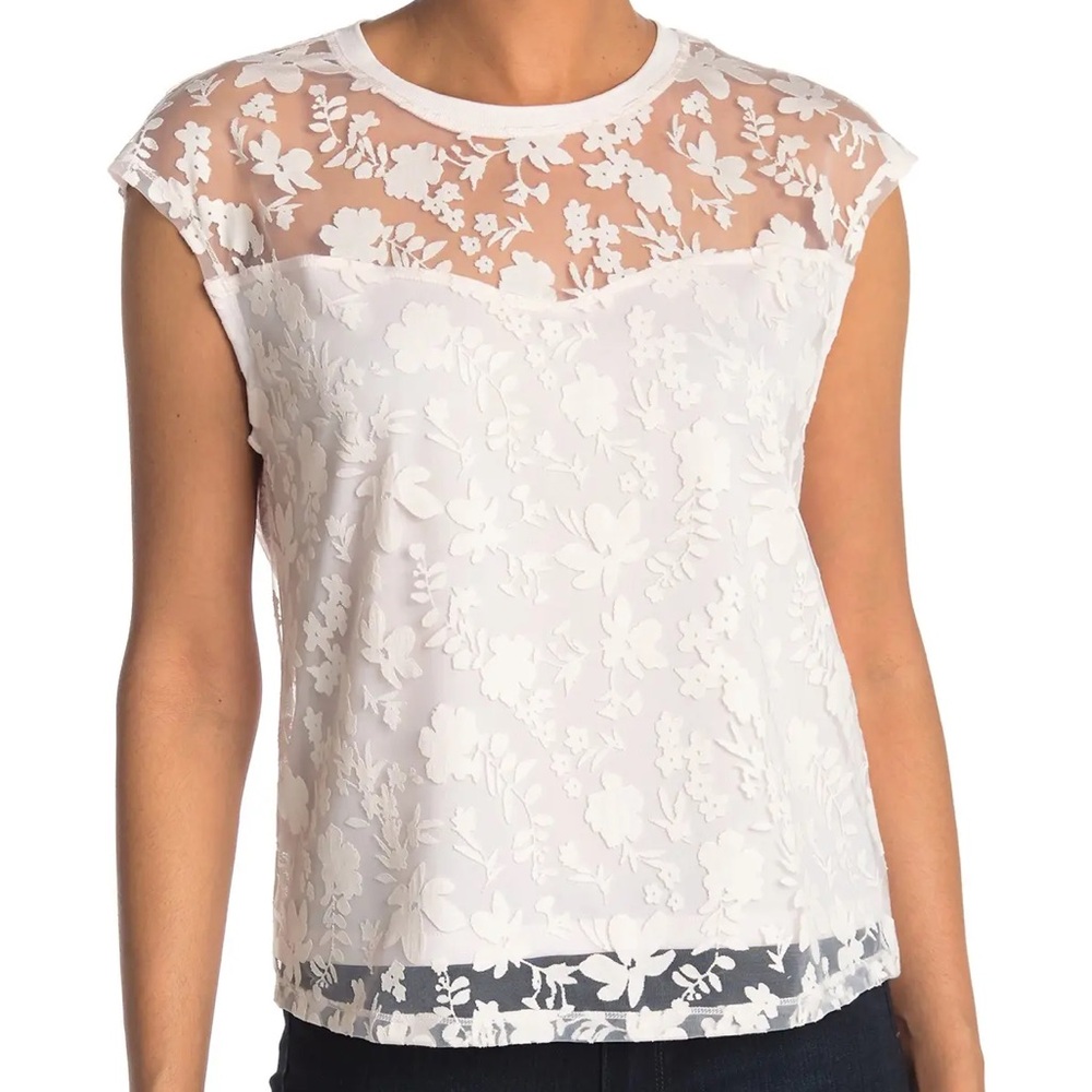 White Laundry by Shelli Segal Floral Lace Burnout Illusion Top